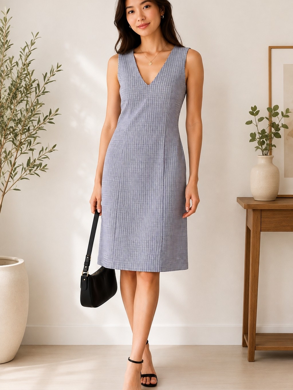 Banana Republic Size 4 Blue Gingham V-Neck Sleeveless Dress